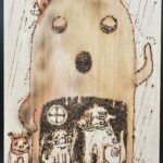 「埴輪の宿-雨宿り」（ハガキ判ｼﾅﾍﾞﾆｱ・焼き絵・ｲﾝｸ）