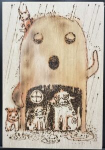 「埴輪の宿-雨宿り」(ハガキ判シナベニア・焼き絵・インク)