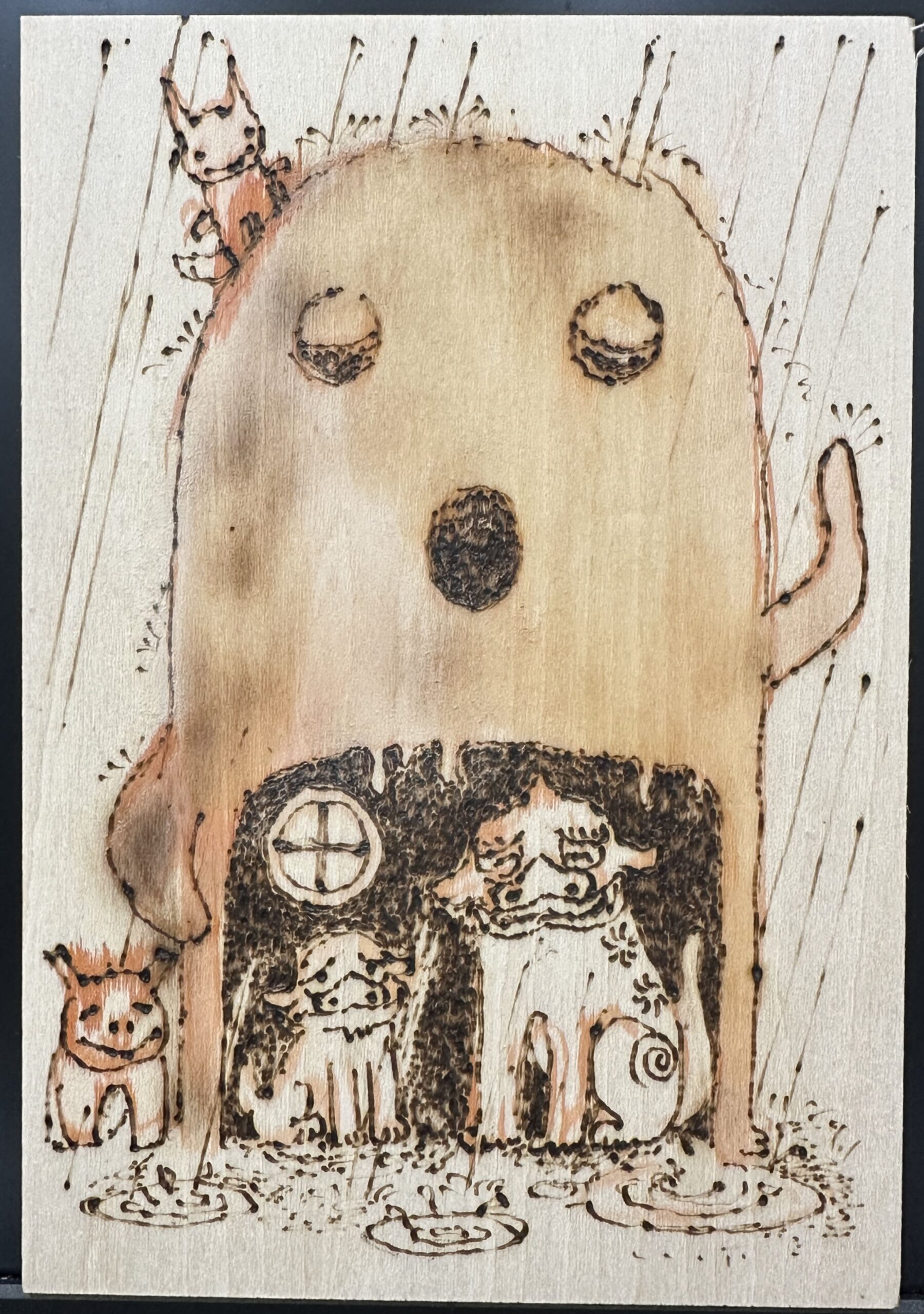 「埴輪の宿-雨宿り」(ハガキ判シナベニア・焼き絵・インク)